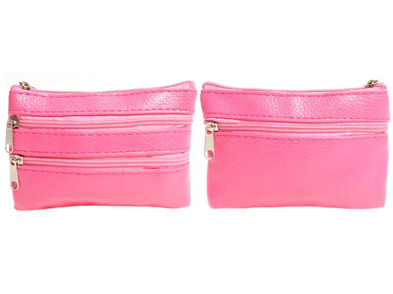 (image for) 1506 Grained PU Purse with 4 Zips & Keyring PINK